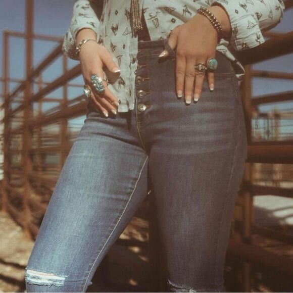 Lucky & Blessed Distressed Button Fly High Waist Mid Wash Flare Jeans NWT - Picture 6 of 15